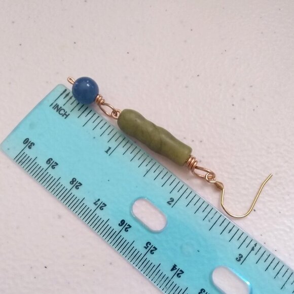 Unique Fall Magic! Sleek Sage Green Jasper + Blue Agate Dangle Earrings - Picture 4 of 5